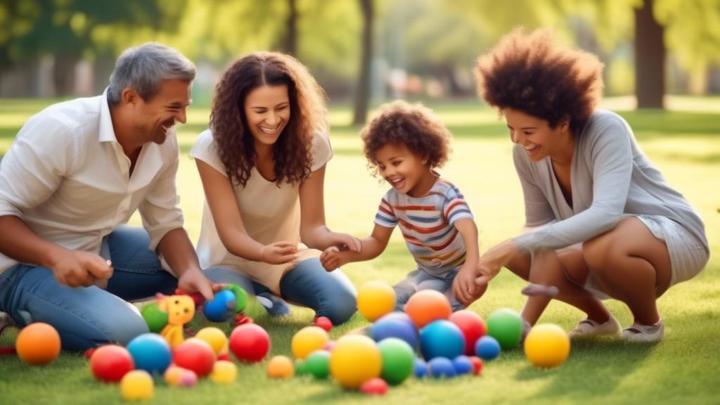 A happy family playing together in a park, with parents and children smiling and laughing. They are playing with toys and balls, and the parents are teachi