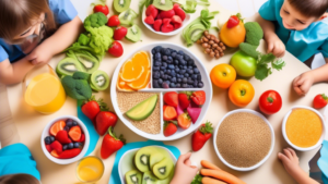 A colorful and nutritious plate of food filled with fruits, vegetables, whole grains, and lean protein, surrounded by happy children and medical profession