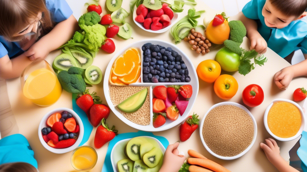 A colorful and nutritious plate of food filled with fruits, vegetables, whole grains, and lean protein, surrounded by happy children and medical profession