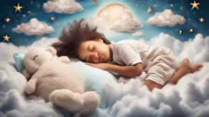 An image of a sleeping child, with their head resting on a soft pillow, surrounded by fluffy clouds and other whimsical elements that evoke the magic and w