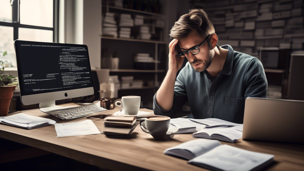 A frustrated user surrounded by computer screens displaying error messages and technical jargon, trying to troubleshoot common issues, with a stack of manu