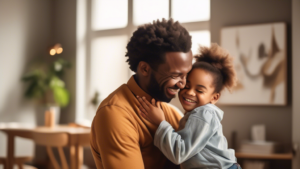 An image of a parent and child hugging, with the parent smiling and the child looking happy and engaged. The image should convey the concept of positive re