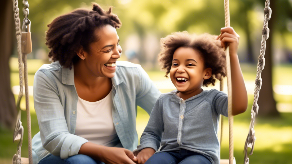 A wise parent, with a warm smile, understandingly listens to their young child who is laughing while sitting on a swing in a park on a sunny day, illustrat