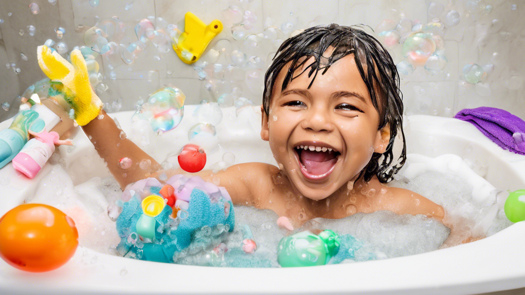 A child taking a bath with bubbles, soap, a washcloth, and toys in the water. The child is smiling and having fun.